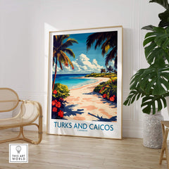 Turks and Caicos Travel Poster showcasing a beautiful beach scene with palm trees and vibrant flowers.