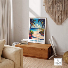 Turks and Caicos Travel Poster featuring a beach scene with palm trees and vibrant colors, perfect for home decor.