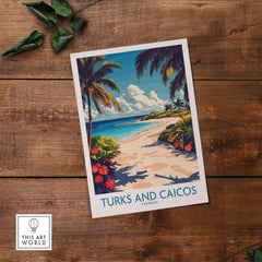 Turks and Caicos Travel Poster showcasing palm trees and sandy beach with vibrant colors, a perfect representation of the Caribbean.