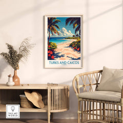 Turks and Caicos Travel Poster featuring clear waters and tropical scenery in a stylish interior setting.