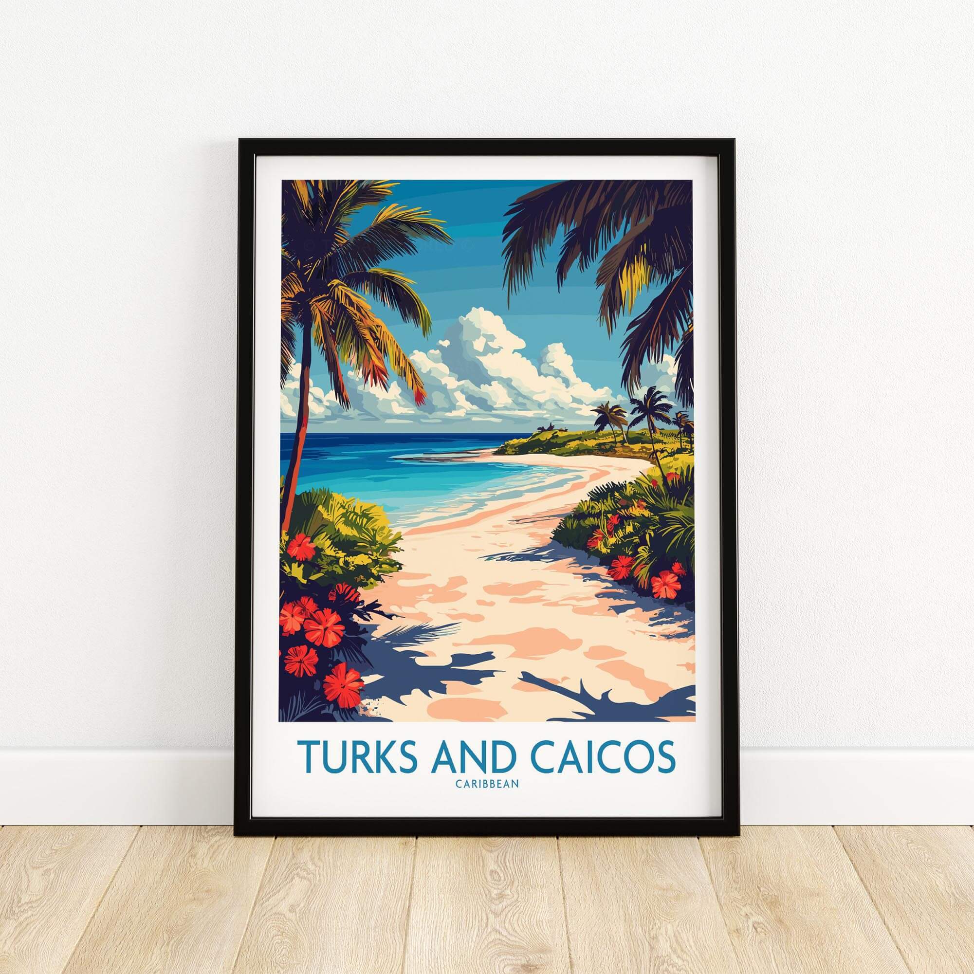Turks and Caicos Travel Poster featuring a beach scene with palm trees and vibrant flowers in a stunning Caribbean setting.
