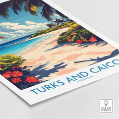Turks and Caicos Travel Poster showcasing beautiful beach and vibrant vegetation in the Caribbean.