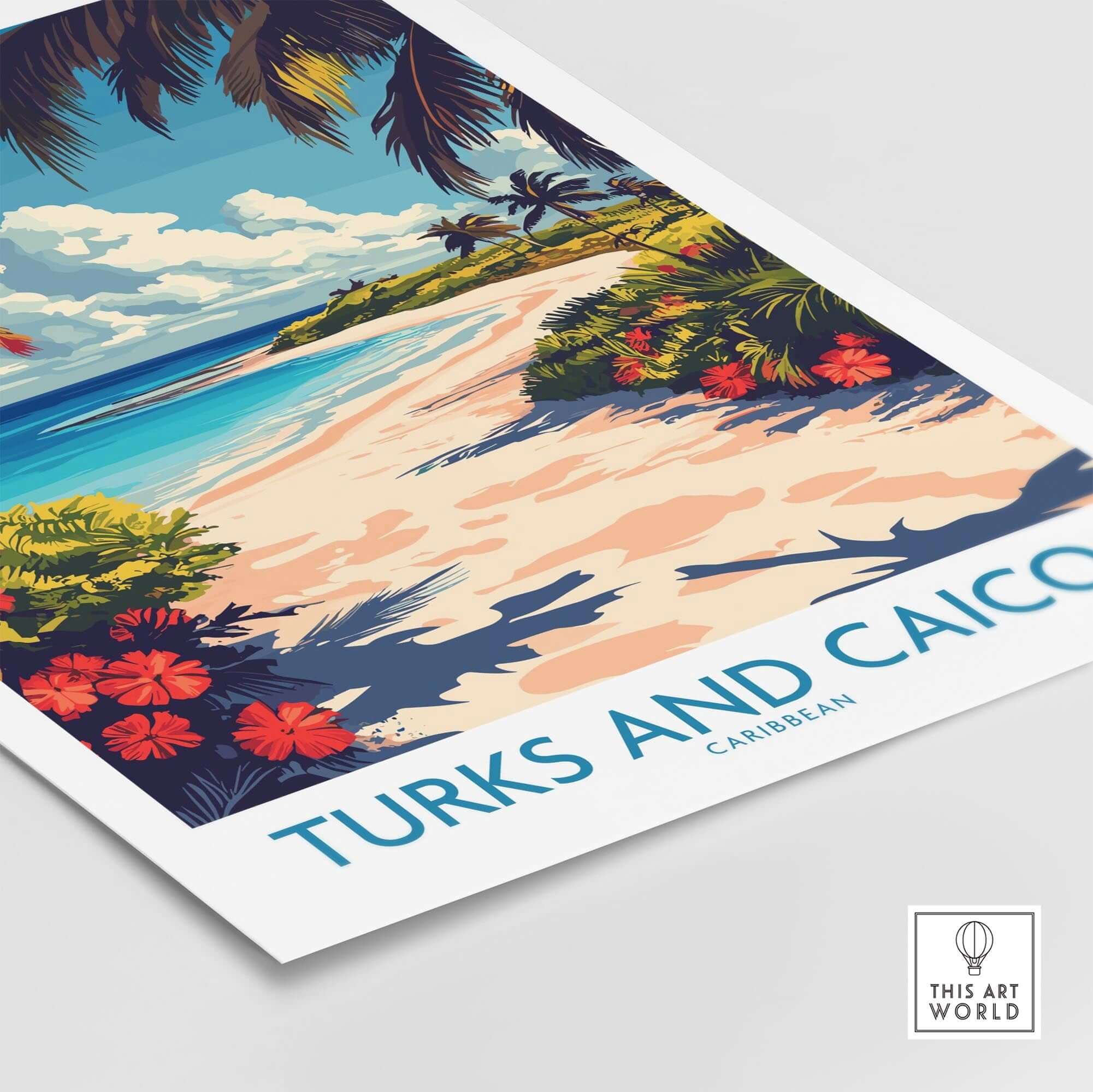 Turks and Caicos Travel Poster showcasing beautiful beach and vibrant vegetation in the Caribbean.