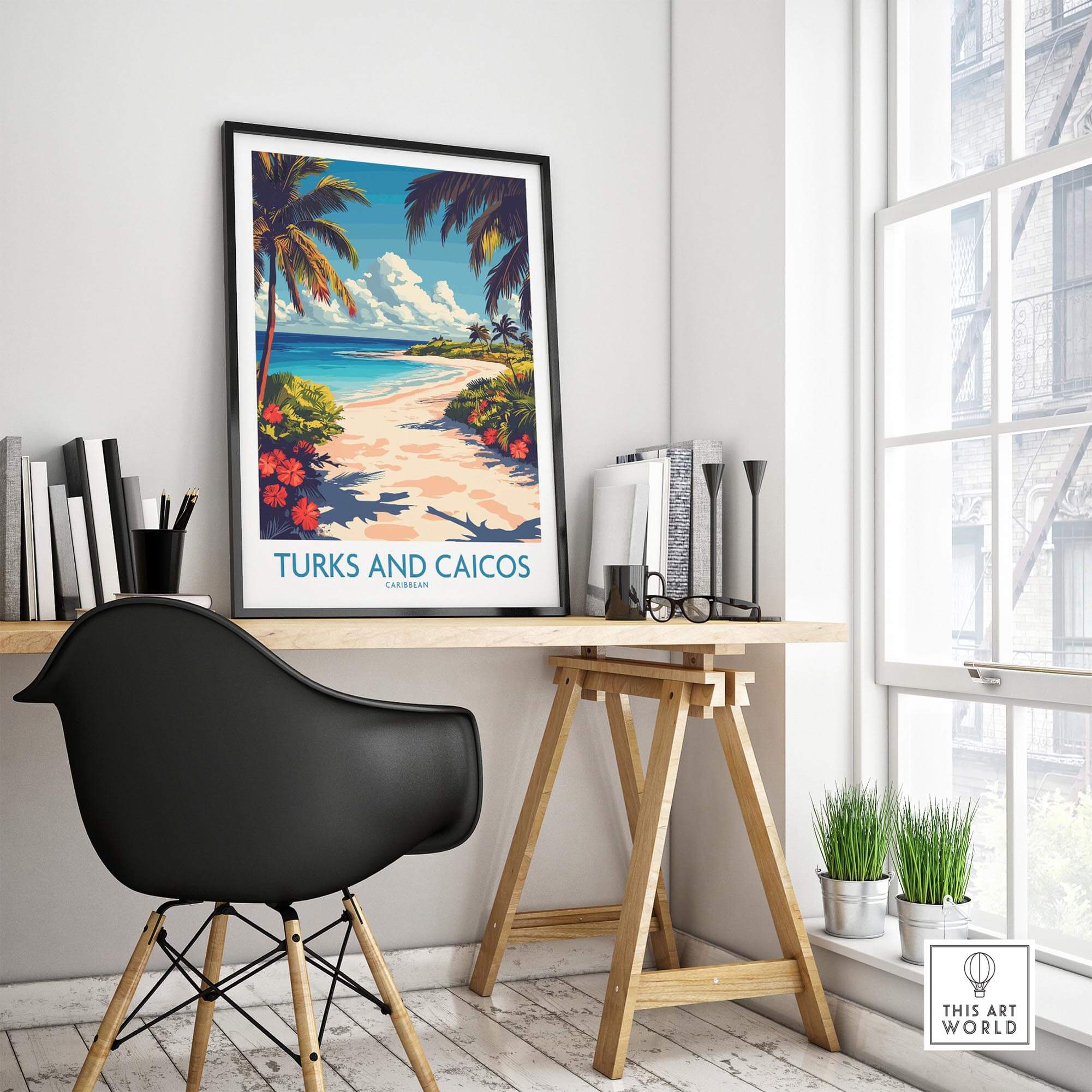 Turks and Caicos Travel Poster displayed in a modern home office setting with a stylish chair and natural light.
