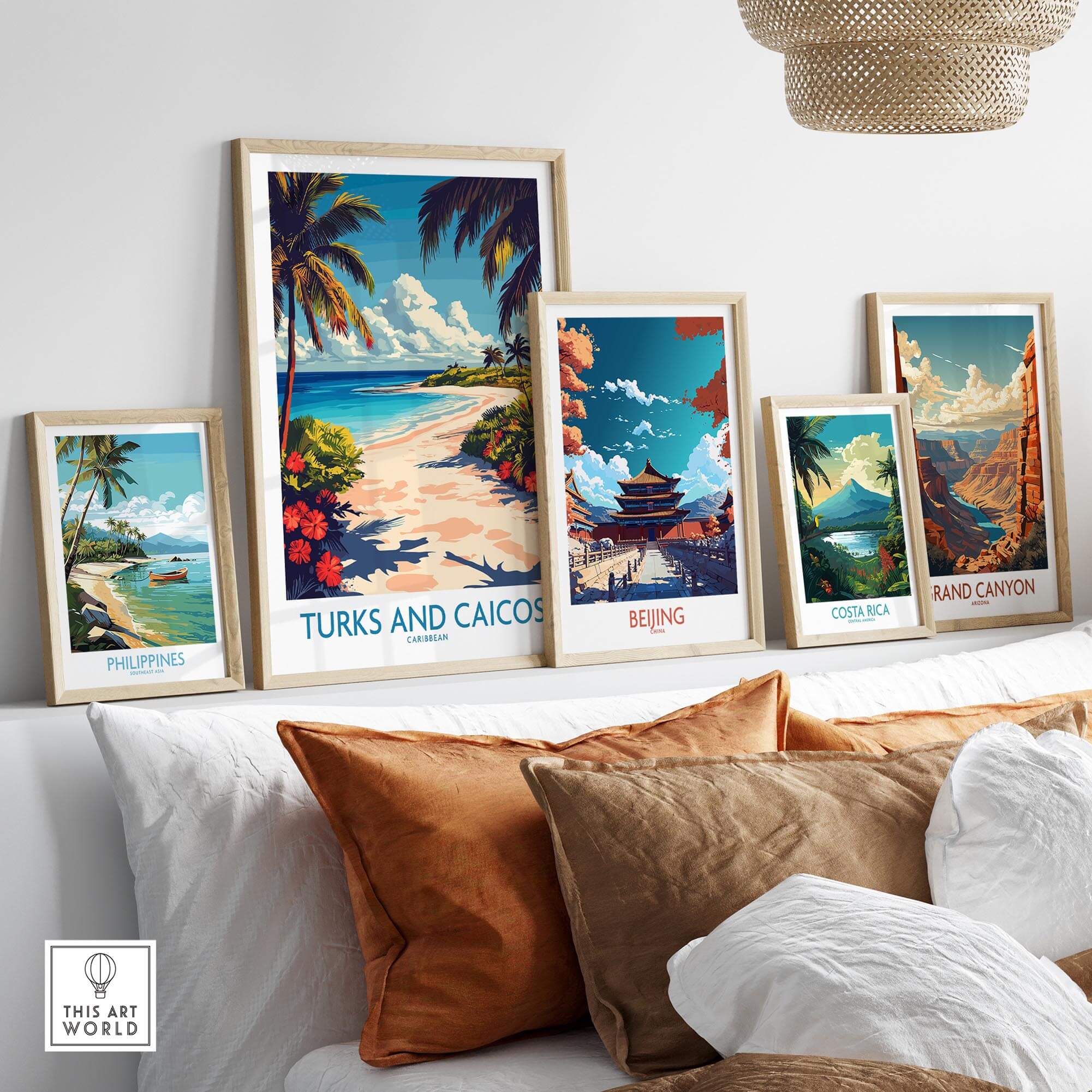 Turks and Caicos Travel Poster displayed among other travel art prints, showcasing beautiful Caribbean scenery.