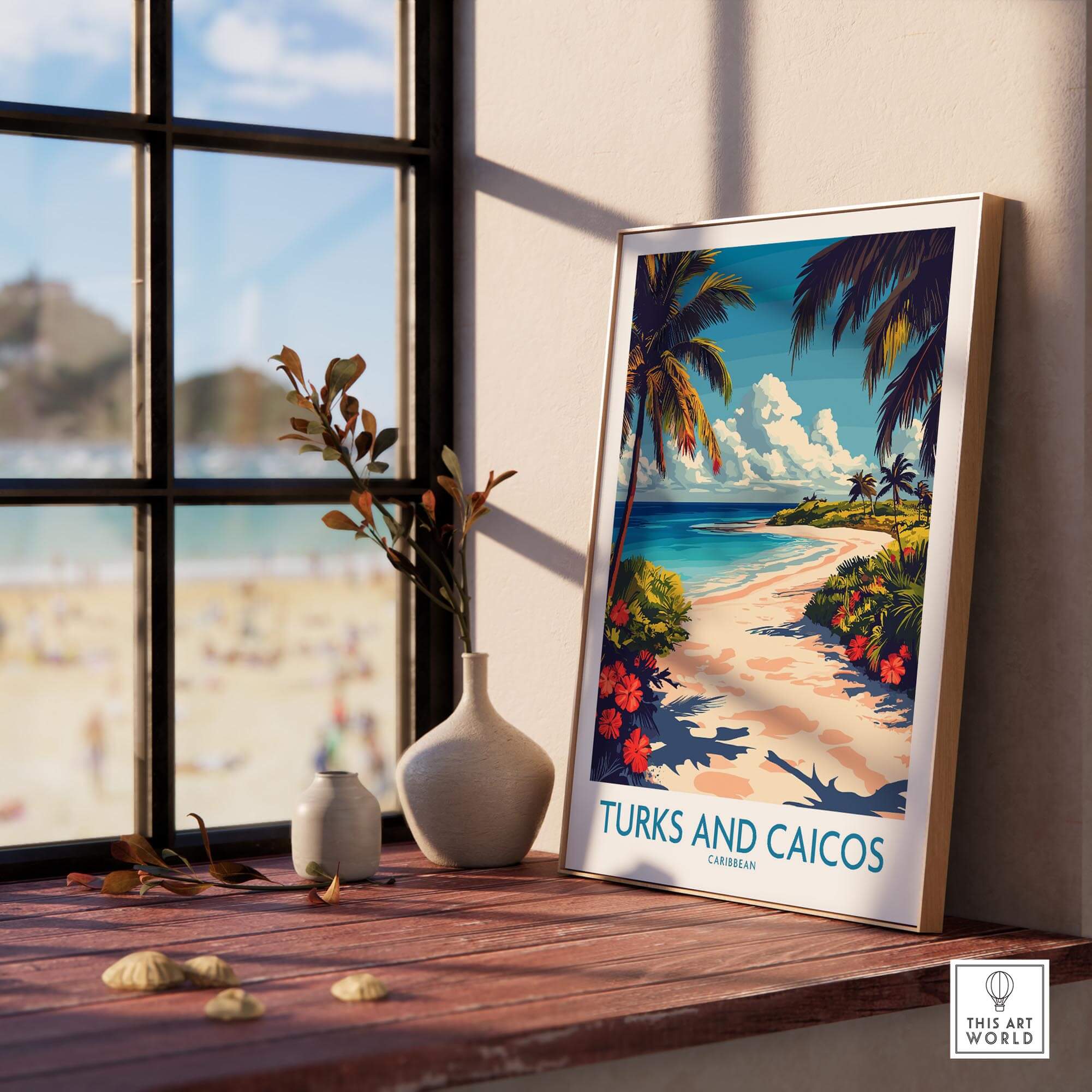 Turks and Caicos Travel Poster showcasing beautiful beach view with palm trees and vibrant colors in a sunny setting.