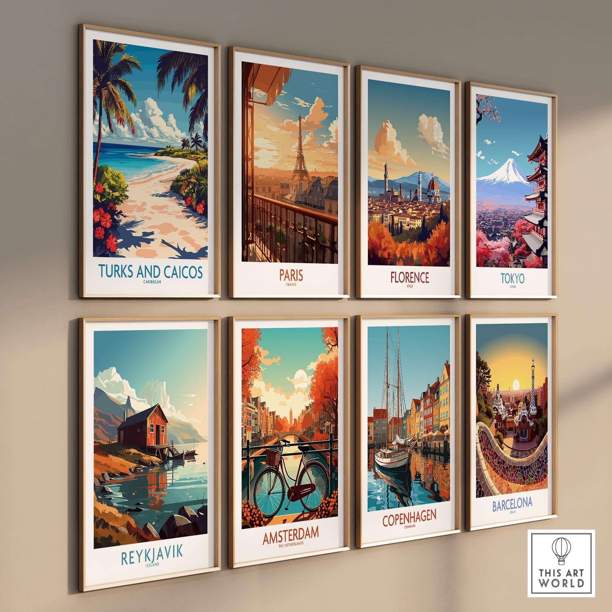 Turks and Caicos Travel Poster and other city travel posters in a gallery wall display.