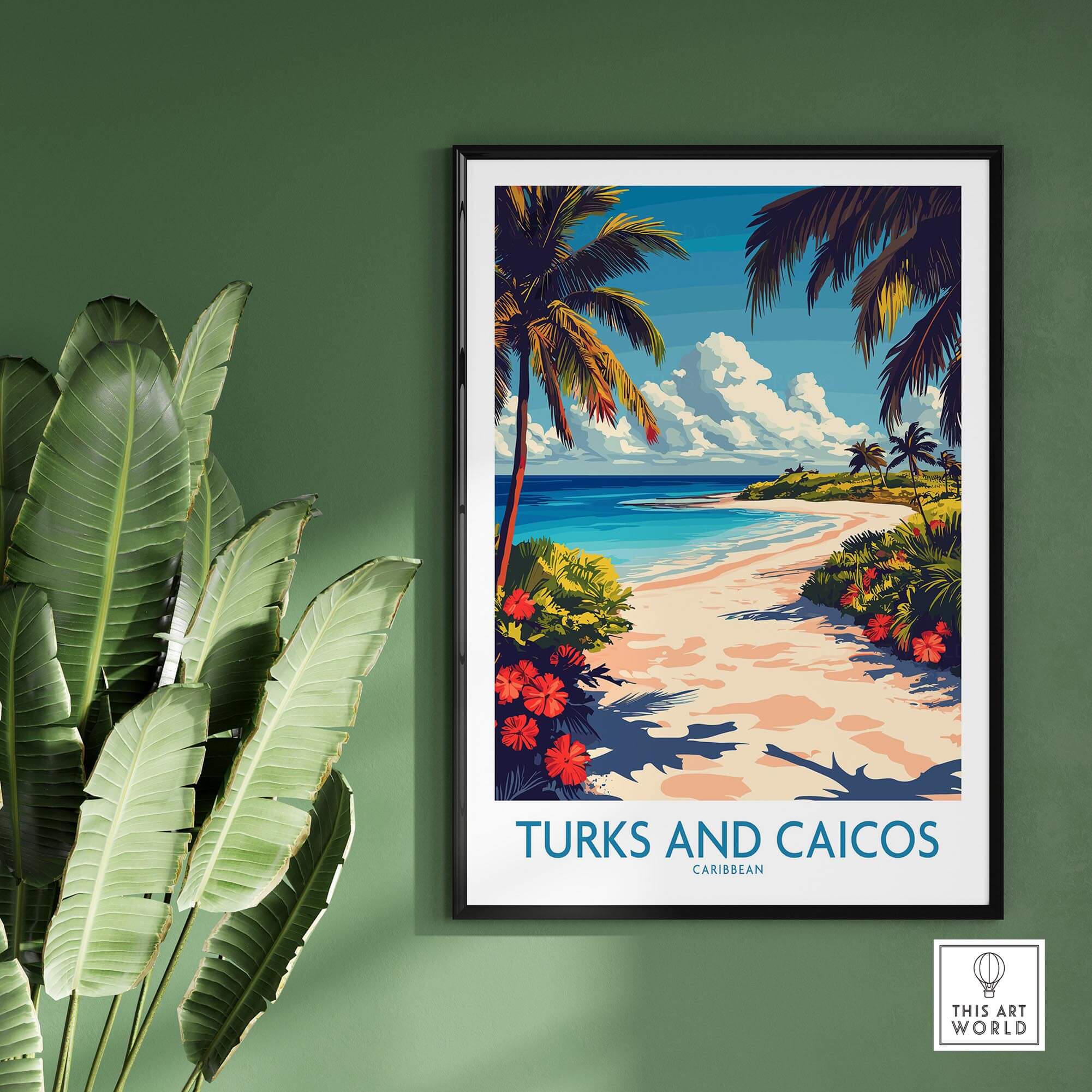 Turks and Caicos Travel Poster featuring a beautiful beach scene with palm trees and vibrant colors.