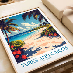 Turks and Caicos Travel Poster showcasing beautiful beach scenery with palm trees and vibrant flowers.