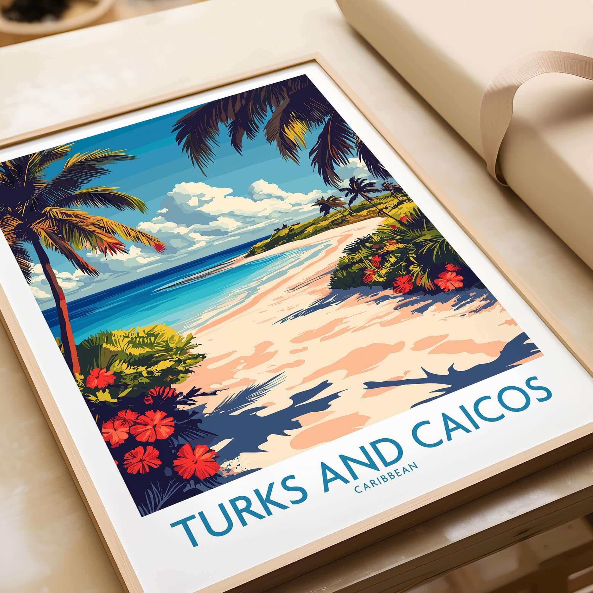 Turks and Caicos Travel Poster showcasing beautiful beach scenery with palm trees and vibrant flowers.
