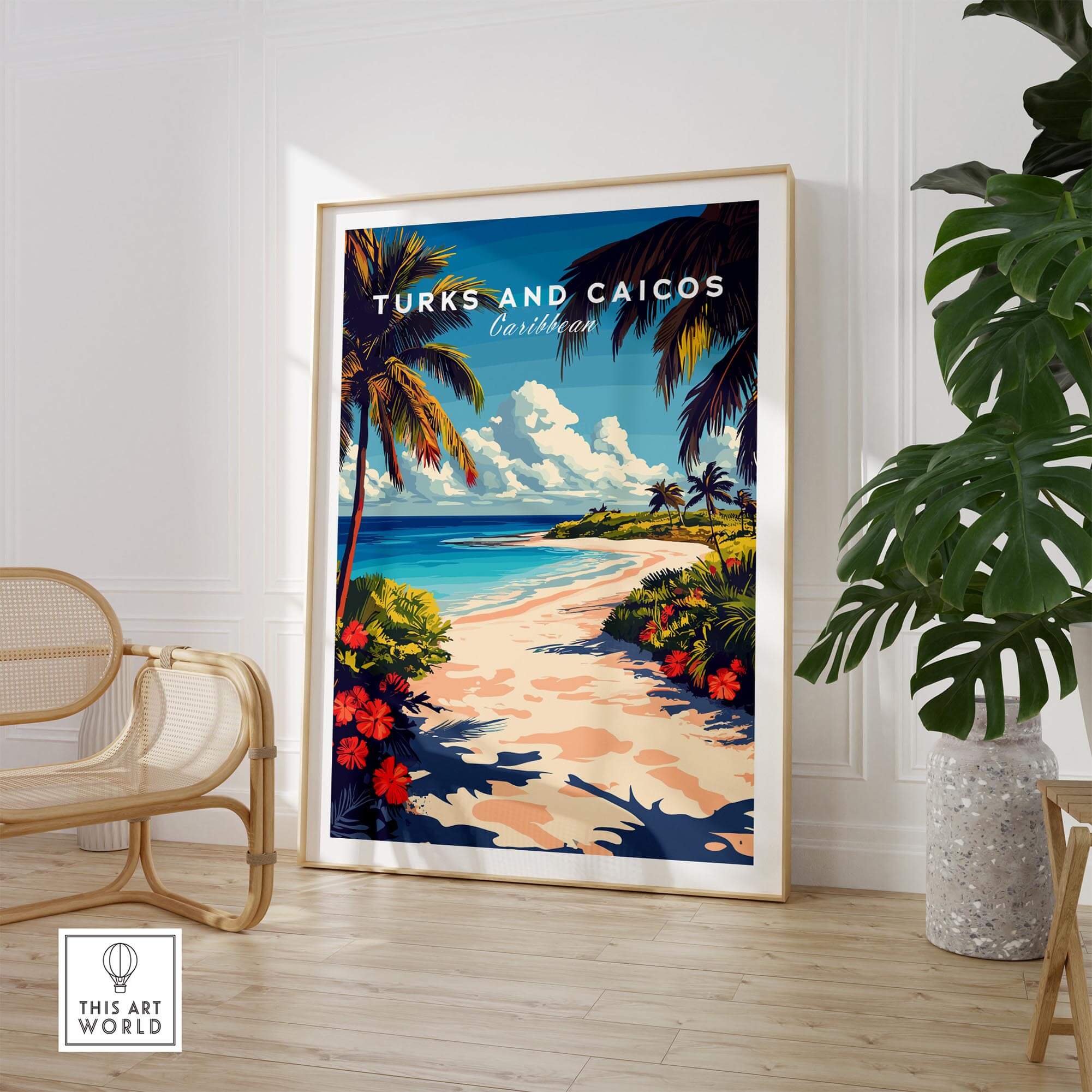 Turks and Caicos Travel Print featuring a tropical beach scene with vibrant flowers and palm trees.