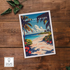 Turks and Caicos Travel Print showcasing a tropical beach with palm trees and vibrant flowers, perfect for home decor.