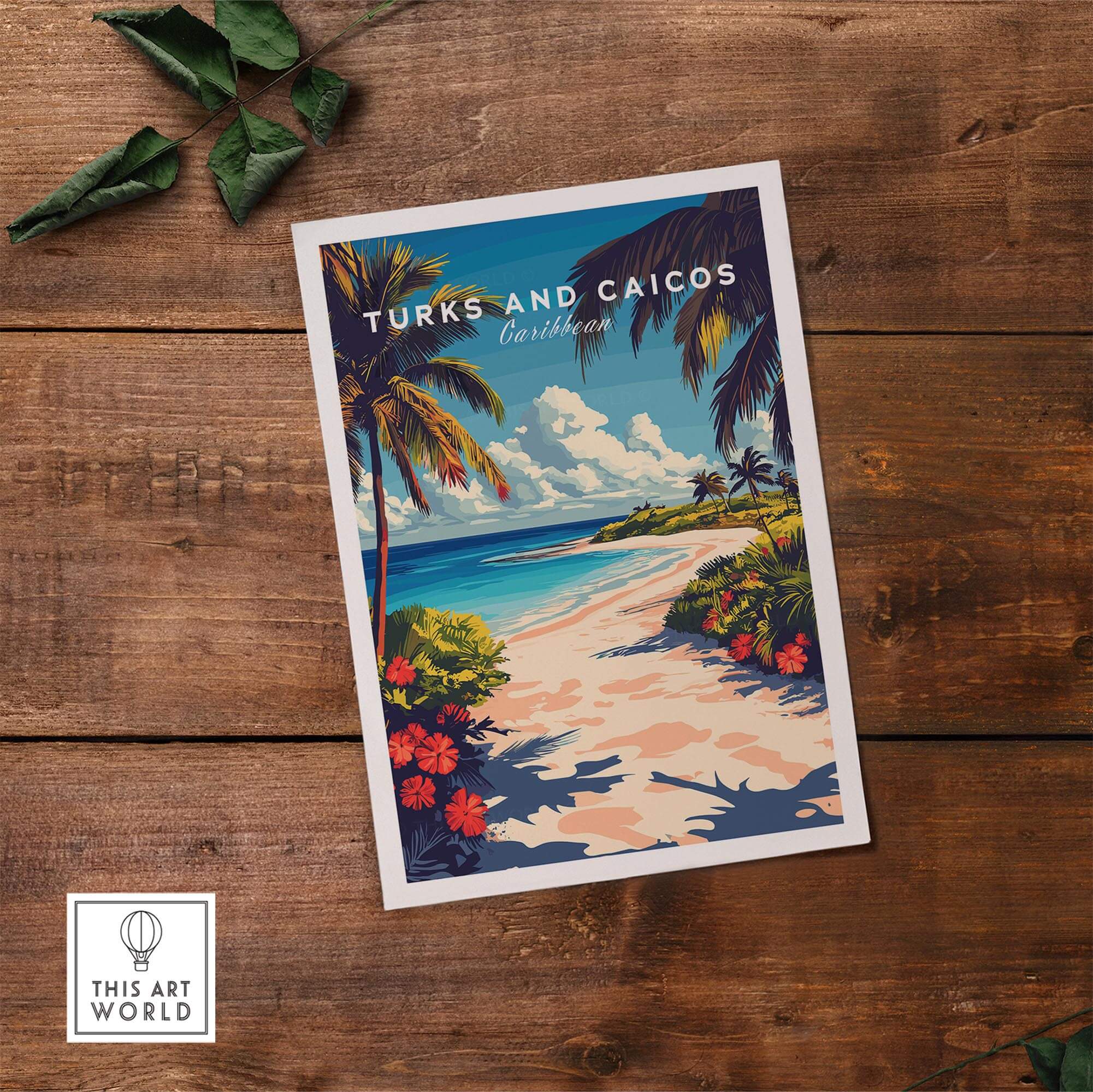 Turks and Caicos Travel Print showcasing a tropical beach with palm trees and vibrant flowers, perfect for home decor.