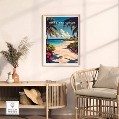 Turks and Caicos Travel Print showcasing a vibrant beach scene, perfect for home decor and a tropical vibe.