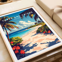 Turks and Caicos Travel Print showcasing a vibrant tropical scene with palm trees and beach in a stylish frame.