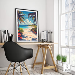 Turks and Caicos Travel Print showcasing a tropical beach scene, perfect for home decor.