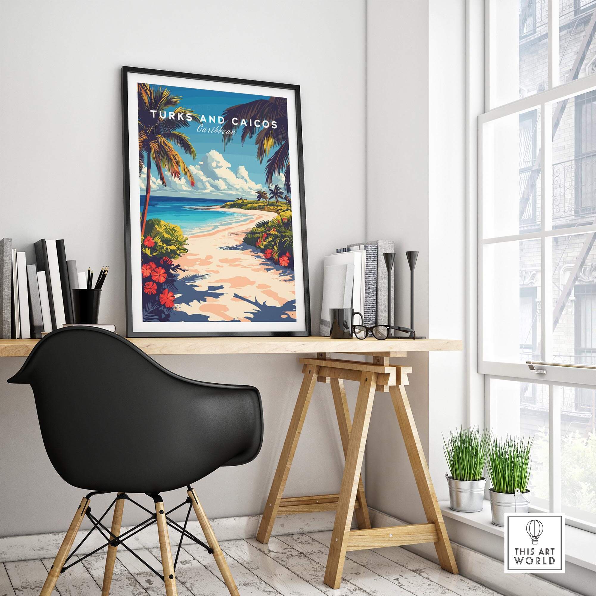 Turks and Caicos Travel Print showcasing a tropical beach scene, perfect for home decor.