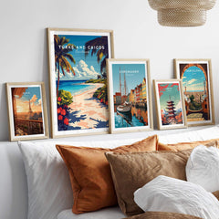 Turks and Caicos Travel Print surrounded by other travel posters on a stylish home decor display.