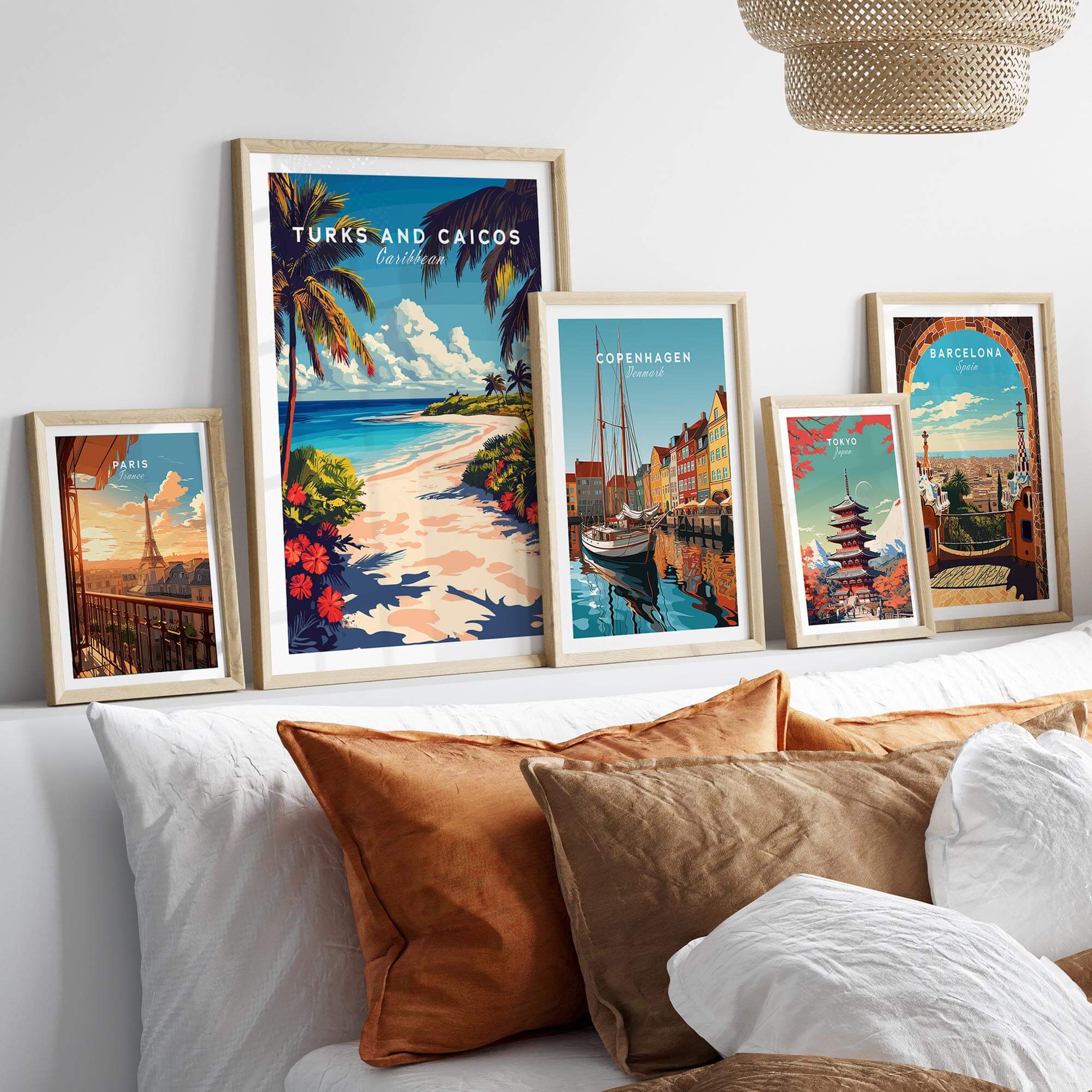 Turks and Caicos Travel Print surrounded by other travel posters on a stylish home decor display.