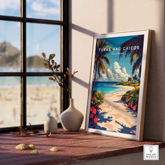 Turks and Caicos Travel Print showcasing a beach view with palm trees and vibrant colors, capturing tropical paradise.