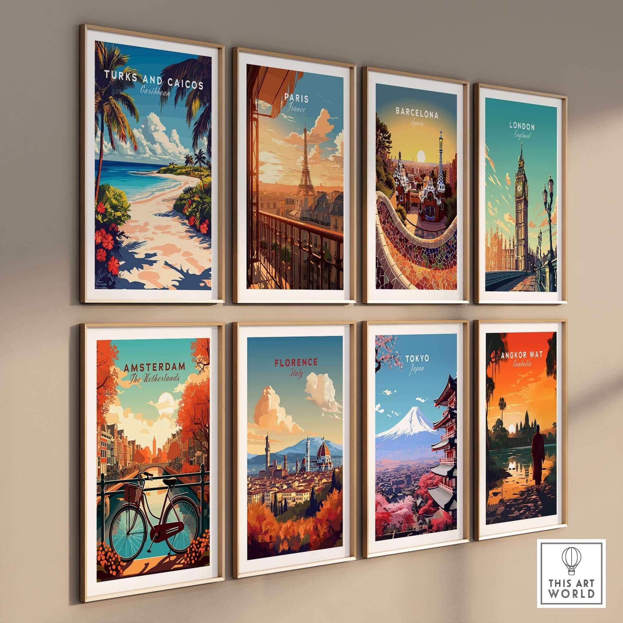 Turks and Caicos Travel Print and other city posters displayed together in a stylish art wall arrangement.