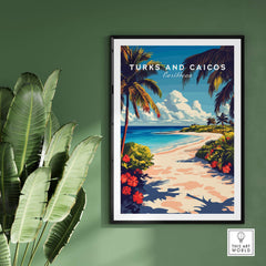 Turks and Caicos Travel Print featuring a vibrant beach scene with tropical plants and flowers.