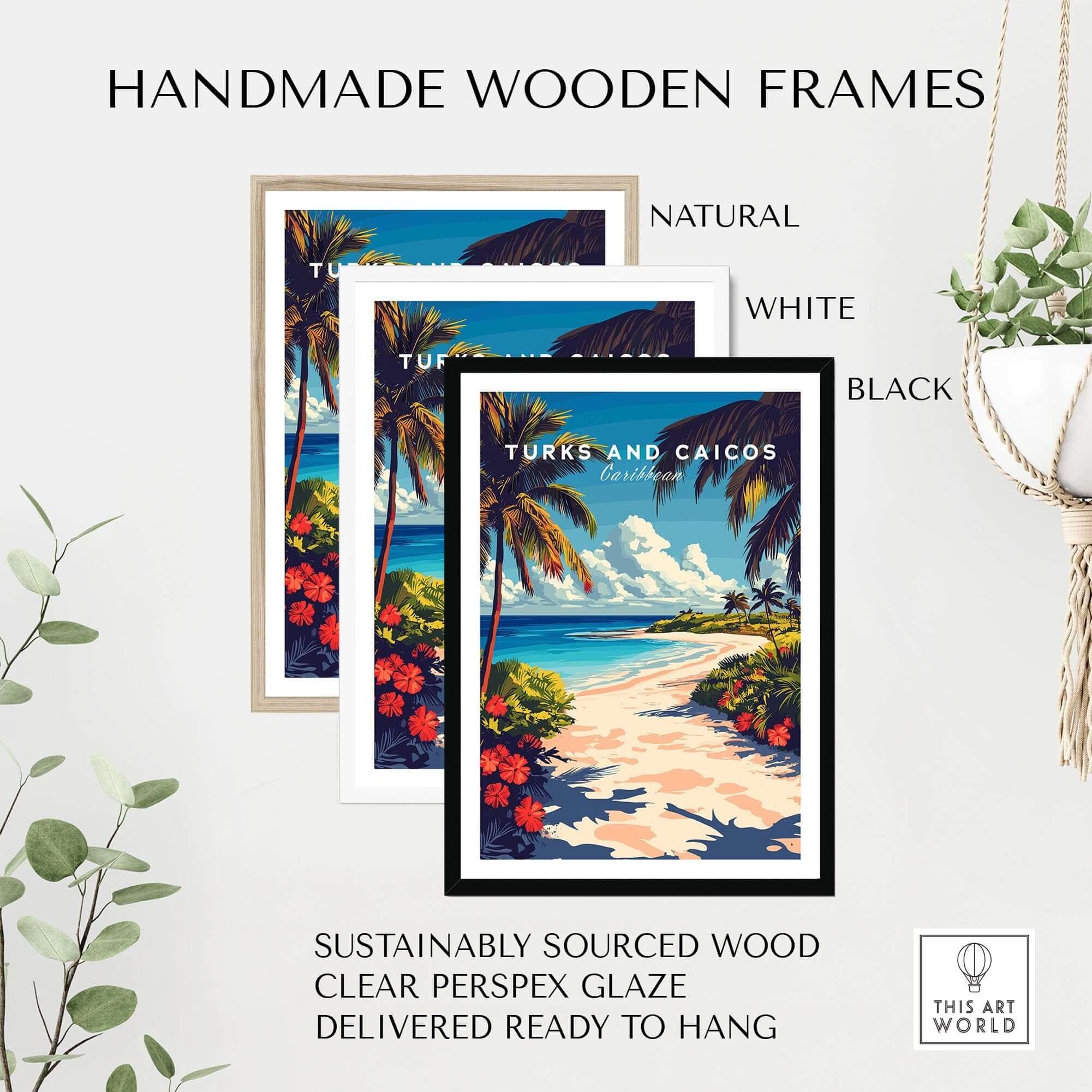 Handmade wooden frames in natural, white, and black for Turks and Caicos Travel Print with tropical beach scene.