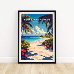 Turks and Caicos Travel Print featuring a serene beach scene with vibrant tropical elements.