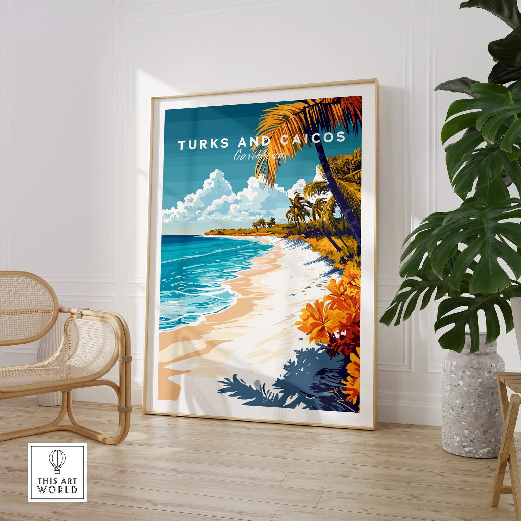 Turks and Caicos Wall Art featuring a vibrant beach scene with palm trees and flowers in a modern living room setting.