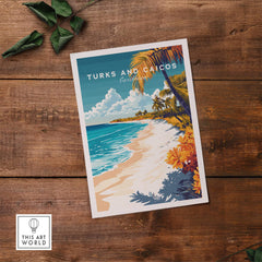 Turks and Caicos Wall Art featuring a vibrant beach scene with palm trees and flowers, perfect for home decor.