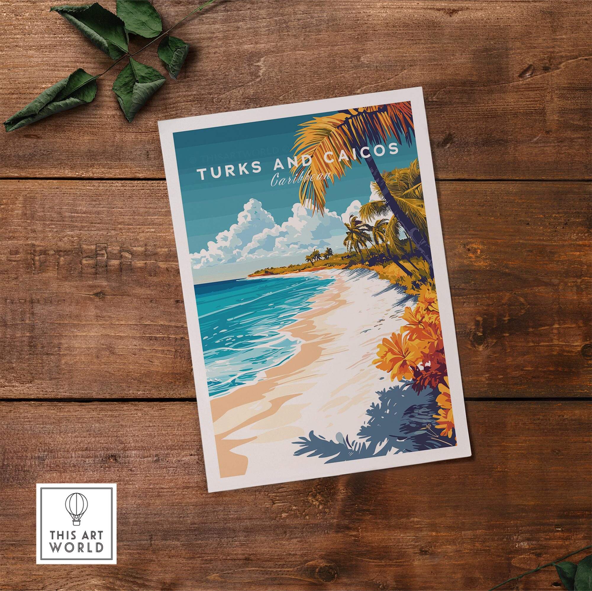 Turks and Caicos Wall Art featuring a vibrant beach scene with palm trees and flowers, perfect for home decor.