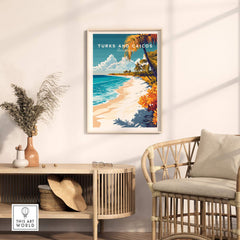 Turks and Caicos Wall Art featuring a beach scene, framed and displayed in a stylish interior setting.