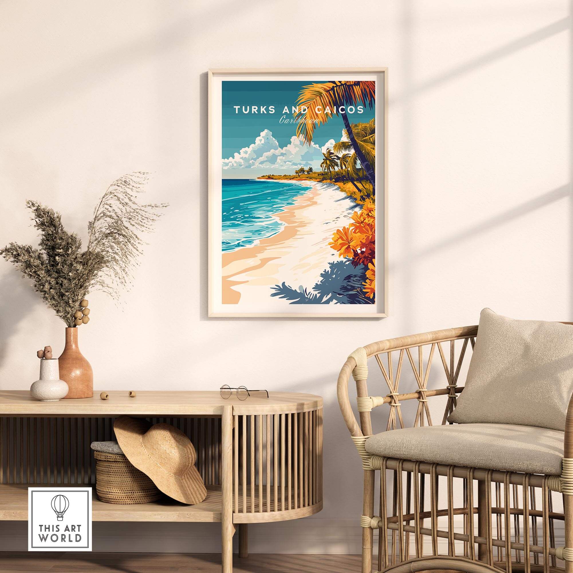 Turks and Caicos Wall Art featuring a beach scene, framed and displayed in a stylish interior setting.