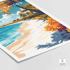 Turks and Caicos Wall Art featuring a vibrant beach scene with palm trees and tropical flowers.