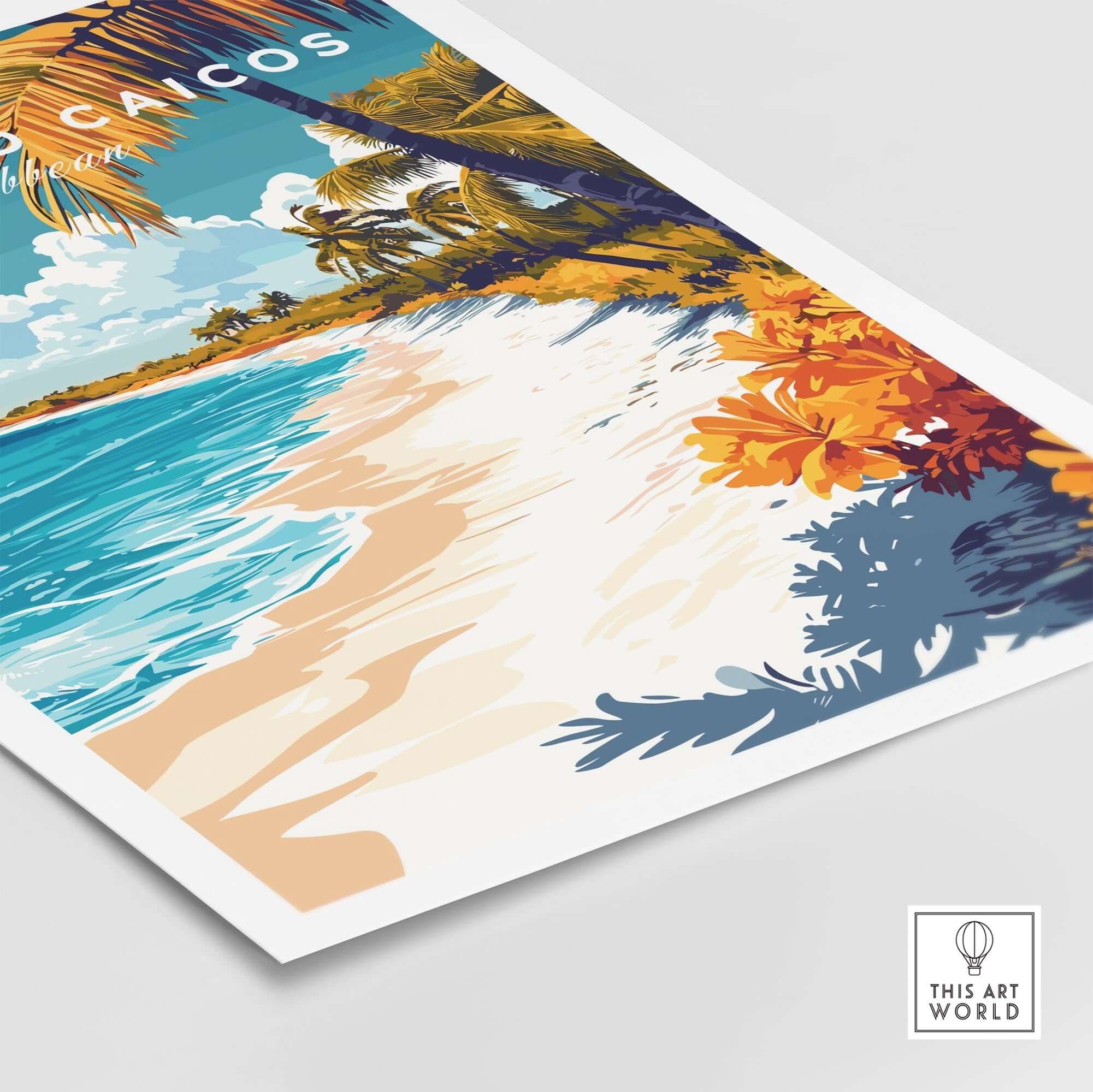 Turks and Caicos Wall Art featuring a vibrant beach scene with palm trees and tropical flowers.