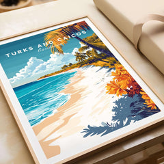 Turks and Caicos Wall Art featuring a vibrant beach scene with sandy shores and tropical plants.