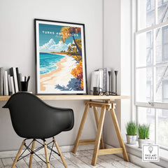 Turks and Caicos Wall Art displayed in a bright room beside a desk, showcasing a vibrant beach scene.