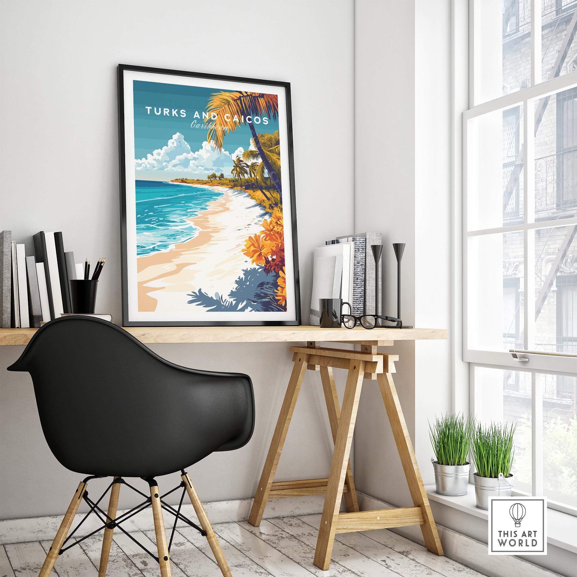 Turks and Caicos Wall Art displayed in a bright room beside a desk, showcasing a vibrant beach scene.