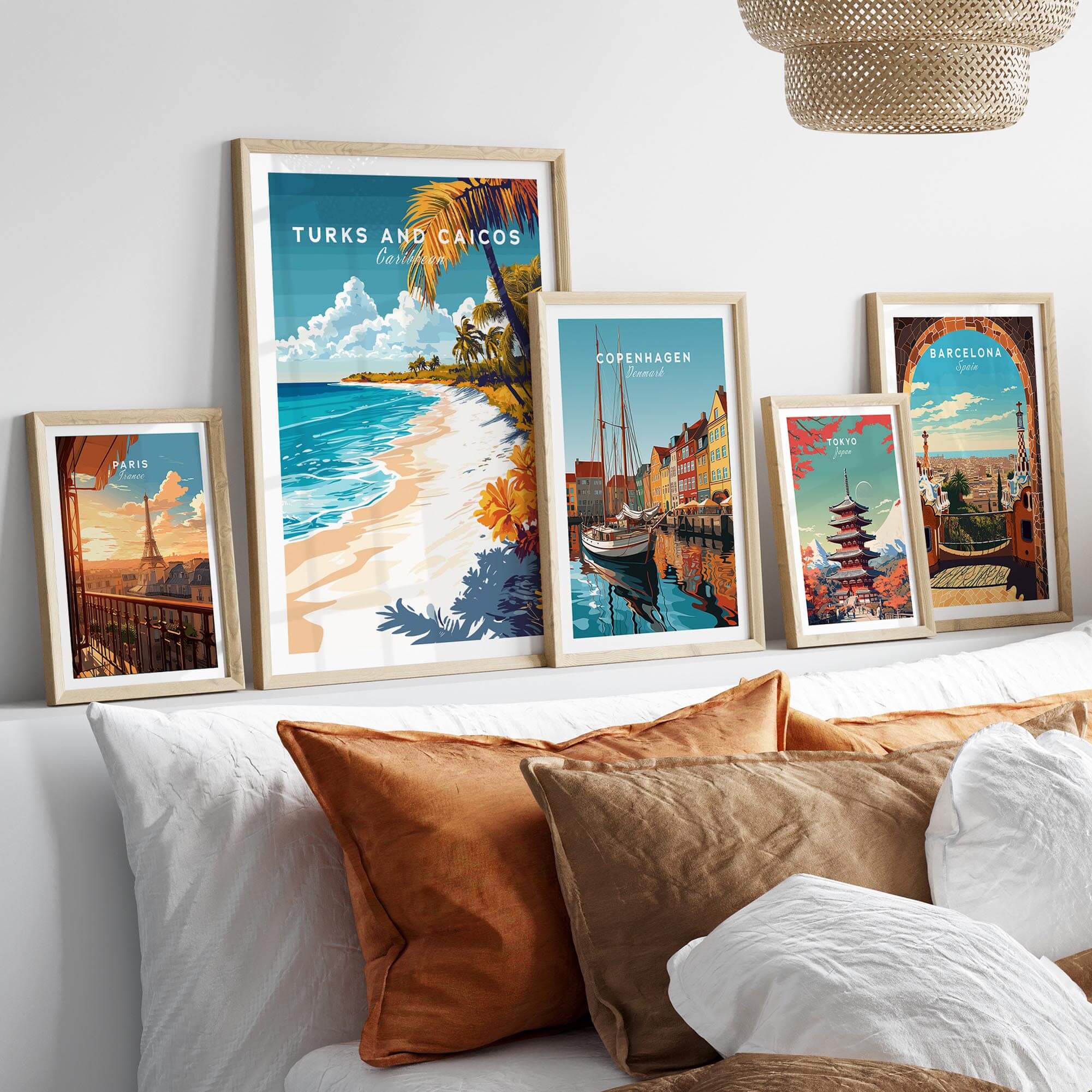 Turks and Caicos Wall Art displayed among other travel-themed posters on a stylish bed setup.