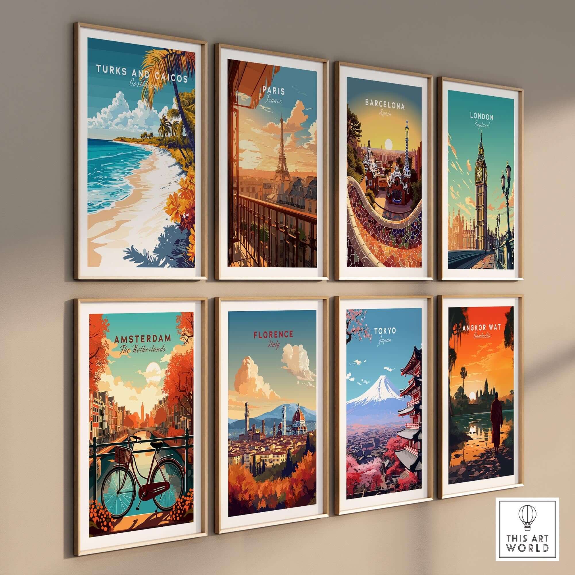 Turks and Caicos Wall Art showcasing a beach scene among other city posters on a gallery wall.
