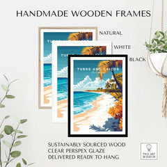 Turks and Caicos Wall Art framed in natural, white, and black handmade wooden frames.