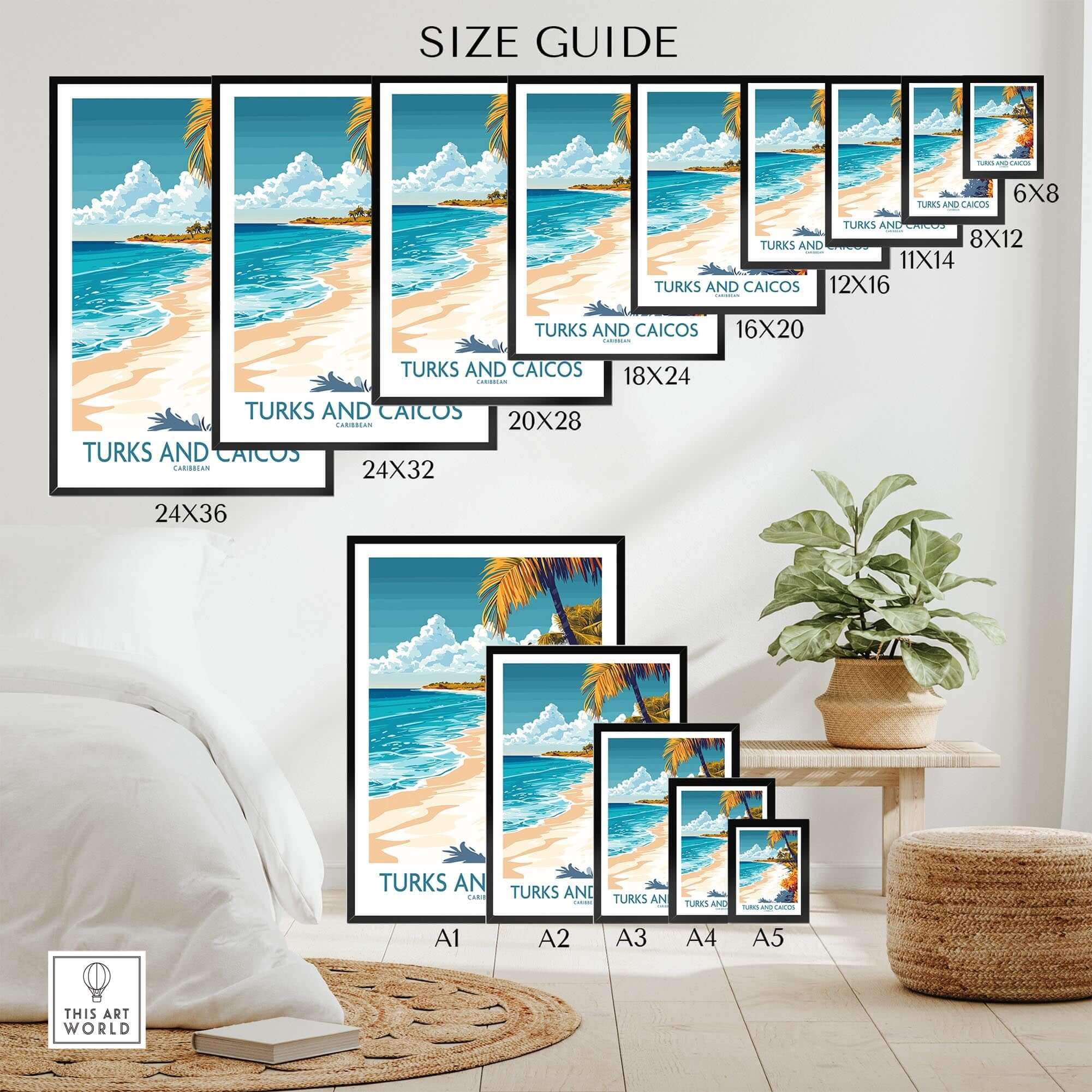 Turks and Caicos Wall Art Print size guide showcasing various frame options and tropical beach imagery.