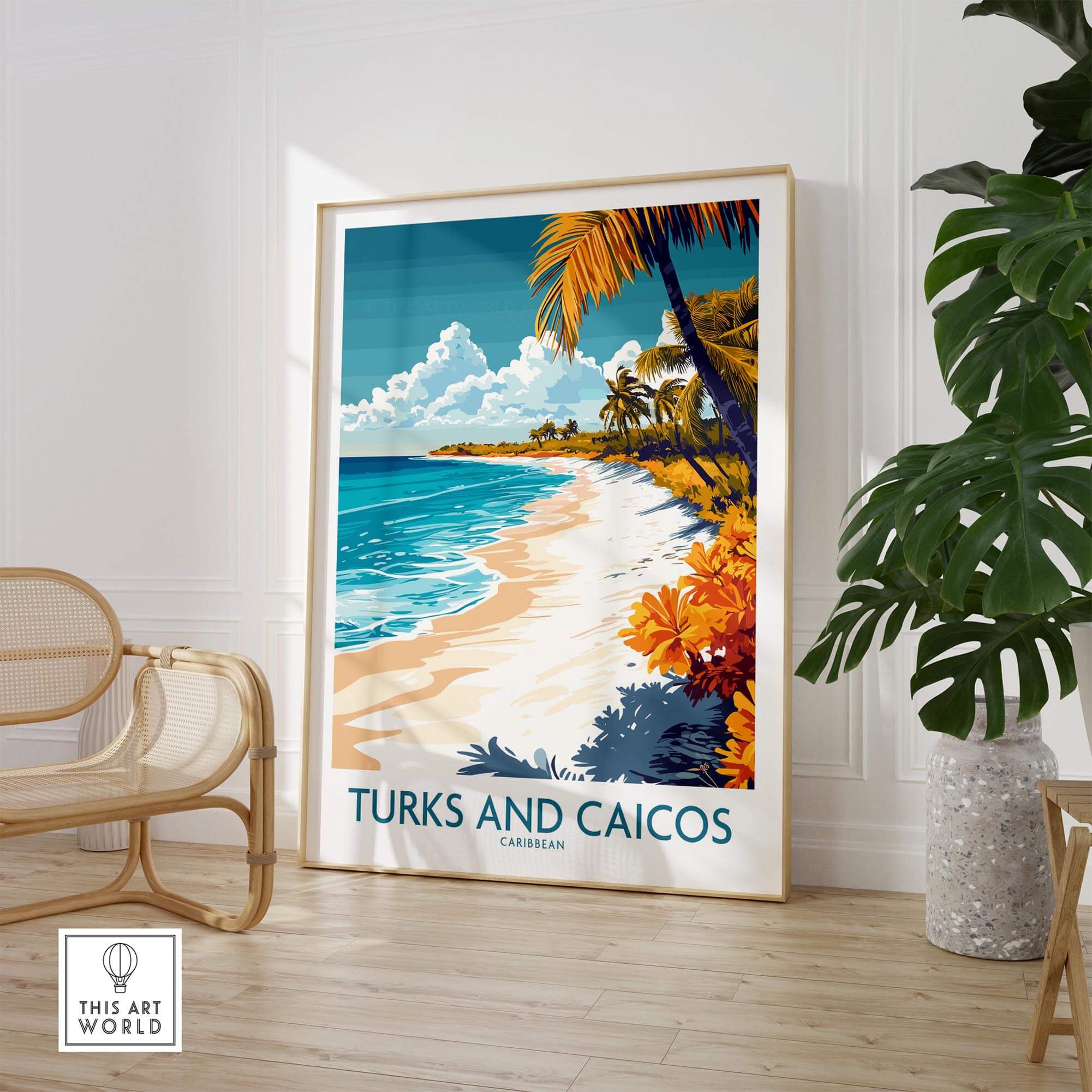 Turks and Caicos Wall Art Print featuring a beautiful beach scene with tropical flowers and palm trees.