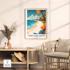 Turks and Caicos Wall Art Print displayed in a stylish interior setting, evoking tropical beach tranquility.