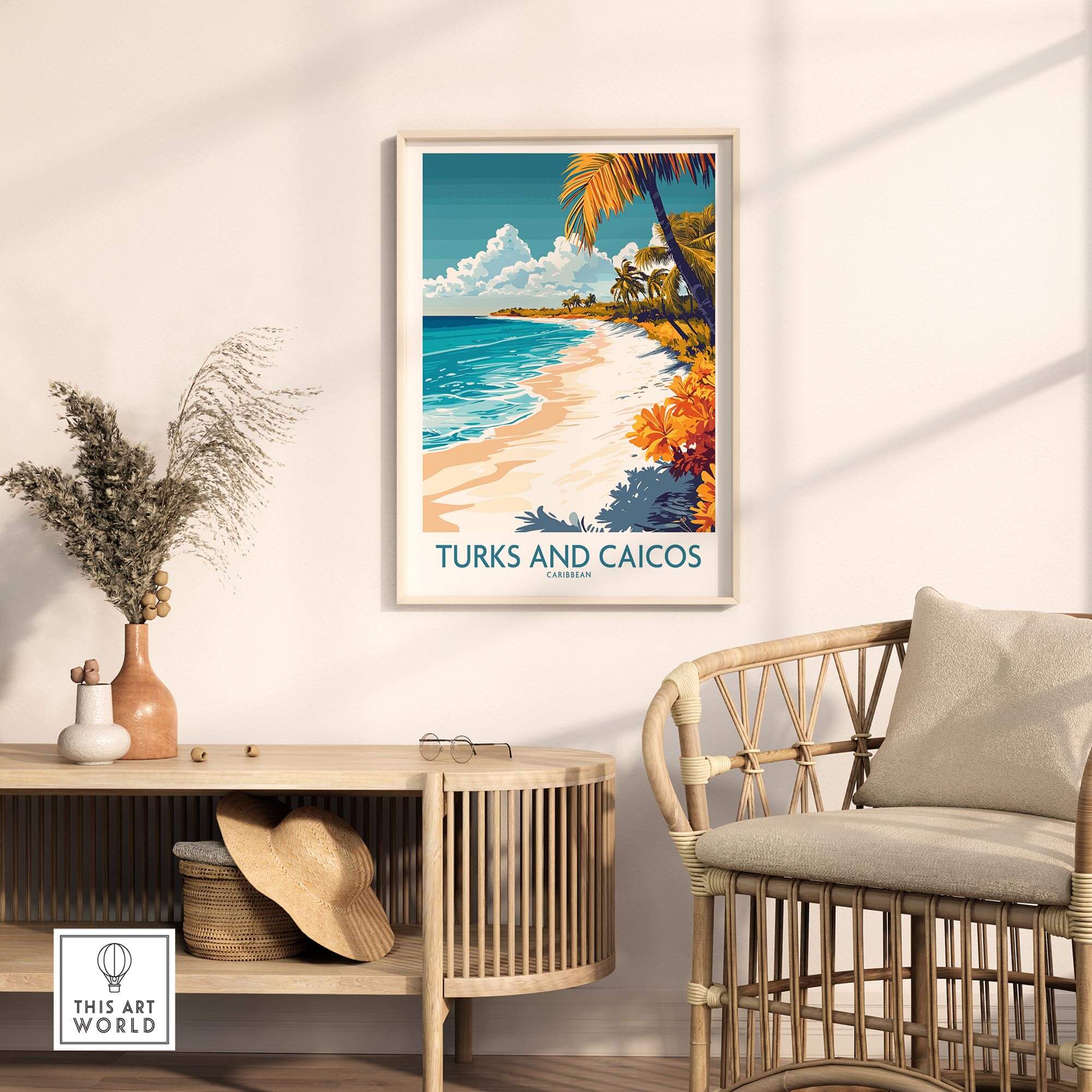 Turks and Caicos Wall Art Print displayed in a stylish interior setting, evoking tropical beach tranquility.