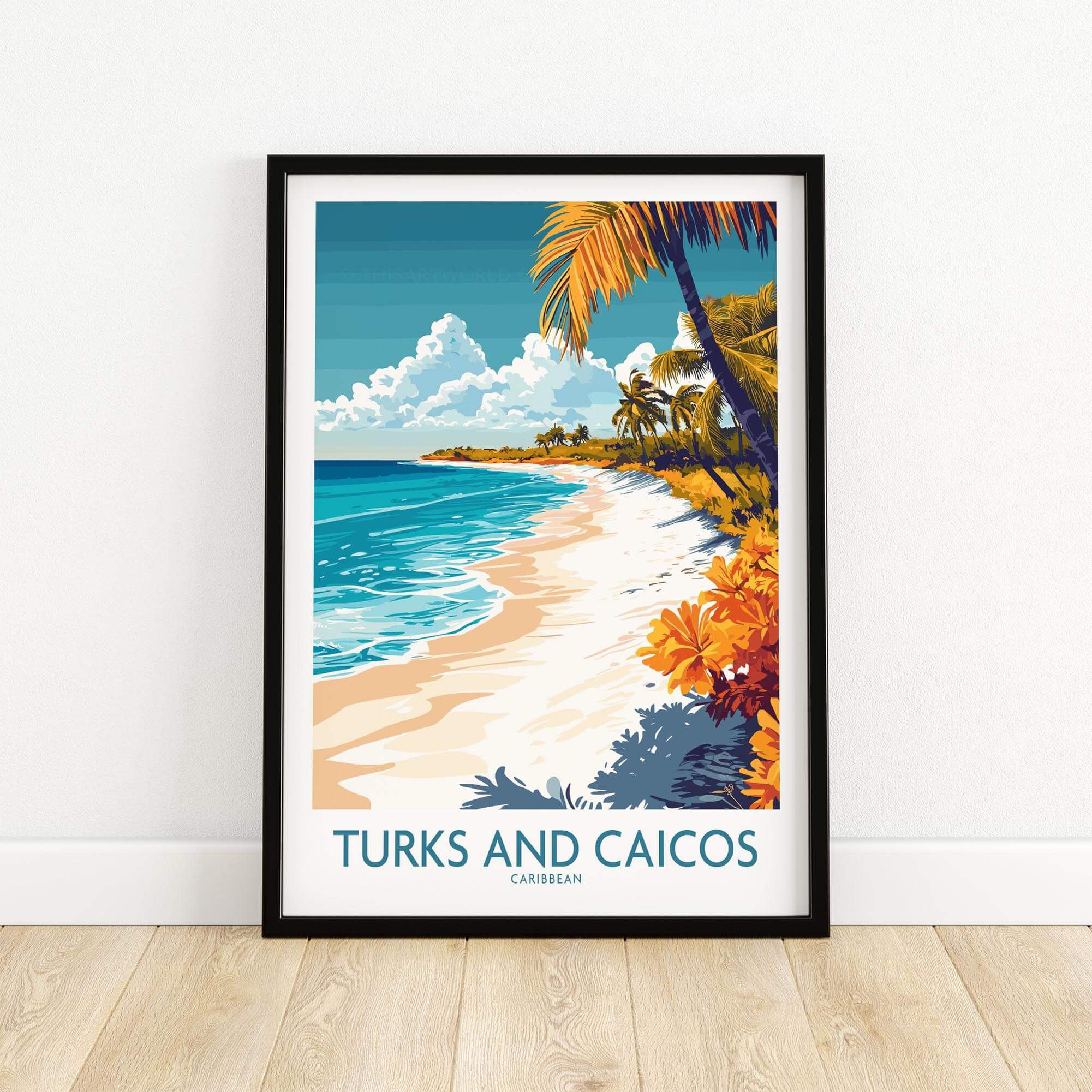 Turks and Caicos Wall Art Print featuring a tropical beach scene with turquoise waters and palm trees.