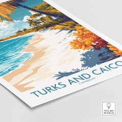 Turks and Caicos Wall Art Print showcasing a serene beach scene with turquoise waters and tropical foliage.