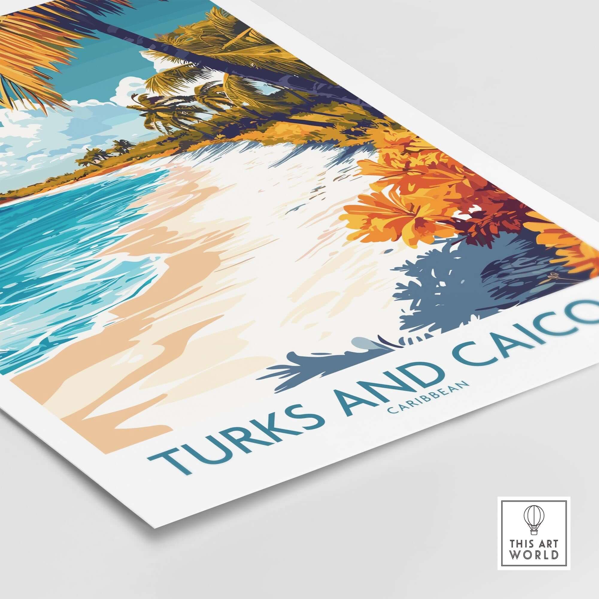 Turks and Caicos Wall Art Print showcasing a serene beach scene with turquoise waters and tropical foliage.