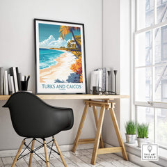 Turks and Caicos Wall Art Print displayed in a modern workspace with a scenic beach view.