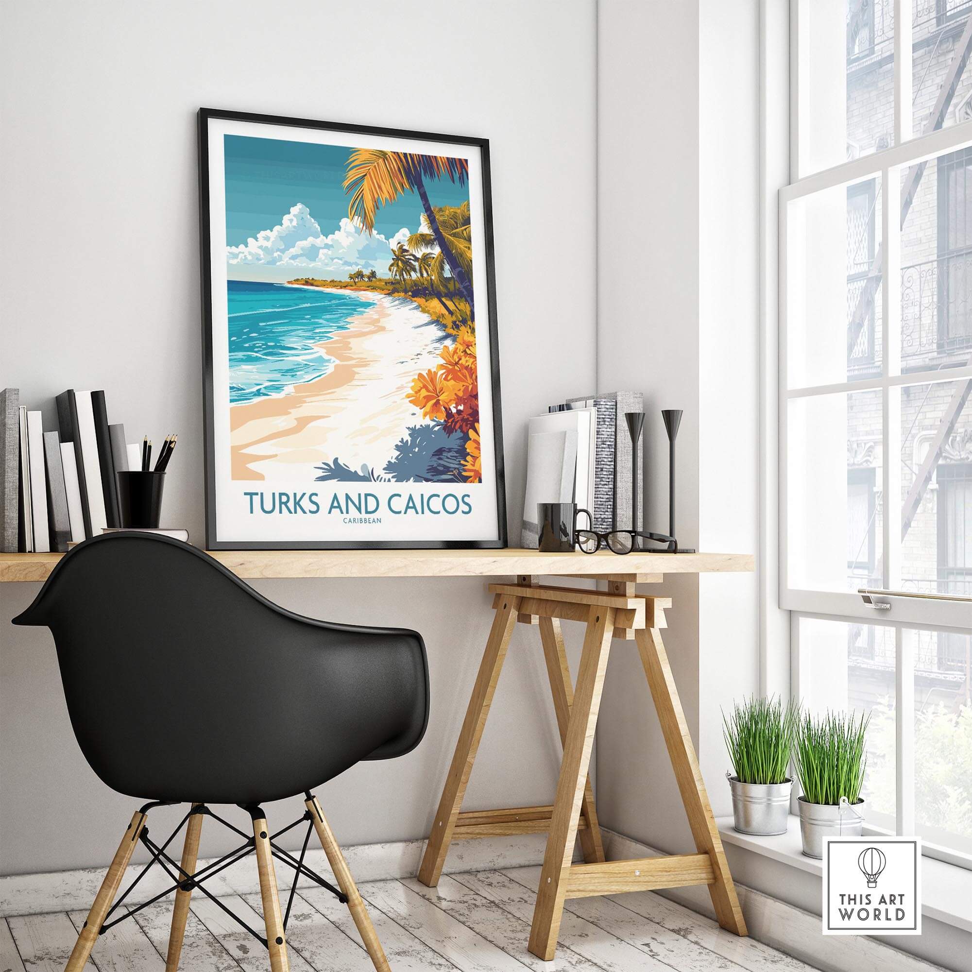 Turks and Caicos Wall Art Print displayed in a modern workspace with a scenic beach view.
